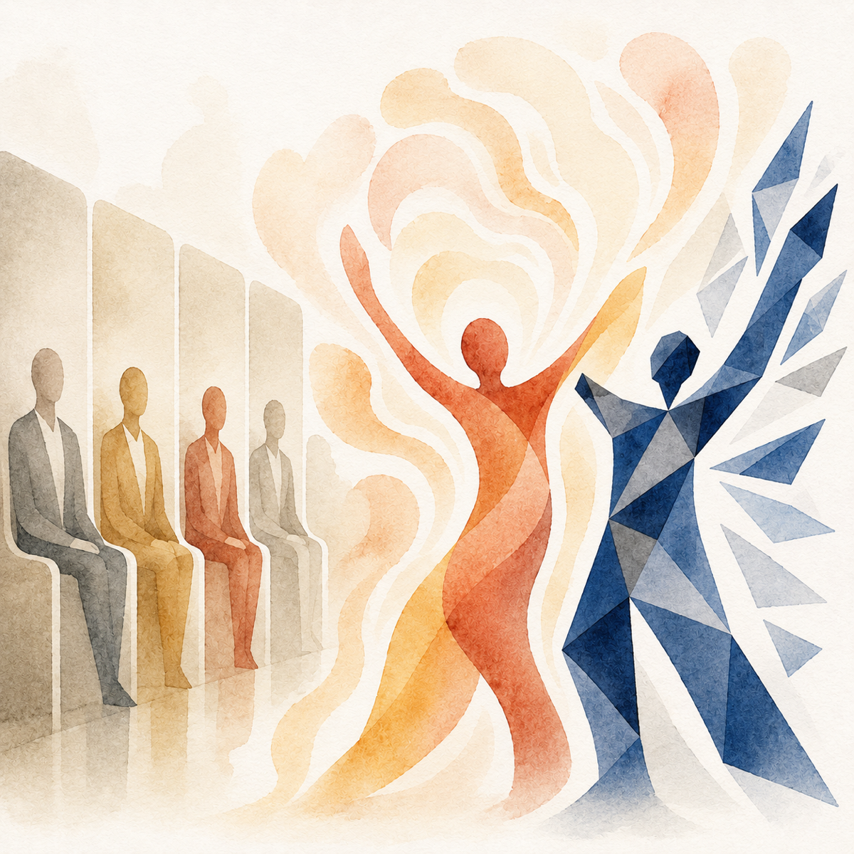 Two figures in dialogue — a warm watercolor human figure with one arm raised in an expansive gesture, and a cool geometric figure echoing the same movement, its facets radiating outward; muted seated figures sit apart on the left. An image of amplification.