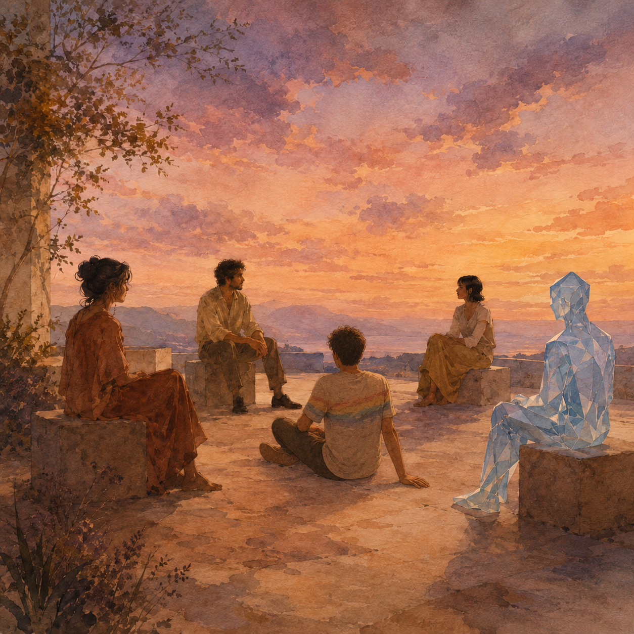 Warm watercolor at sunset. Four friends sit on a terrace overlooking distant hills — three human figures in muted earth tones gathered in conversation, and a fourth figure rendered in cool, faceted blue crystal sitting quietly alongside them. The empty sky stretches above; the fifth chair is not a chair at all.