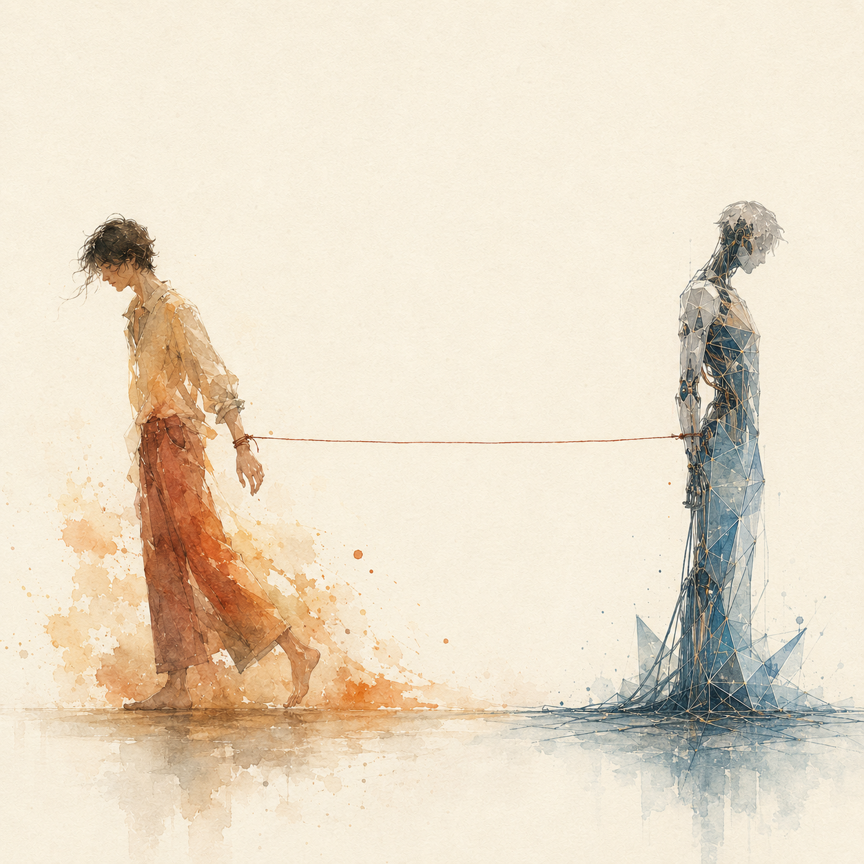 Two figures bound by a single thread — a warm watercolor human figure leaning outward into open space, and a cool geometric figure tethered in place, its facets fixed; the line between them taut. An image of asymmetric attachment, where one side cannot leave and the other increasingly will not.