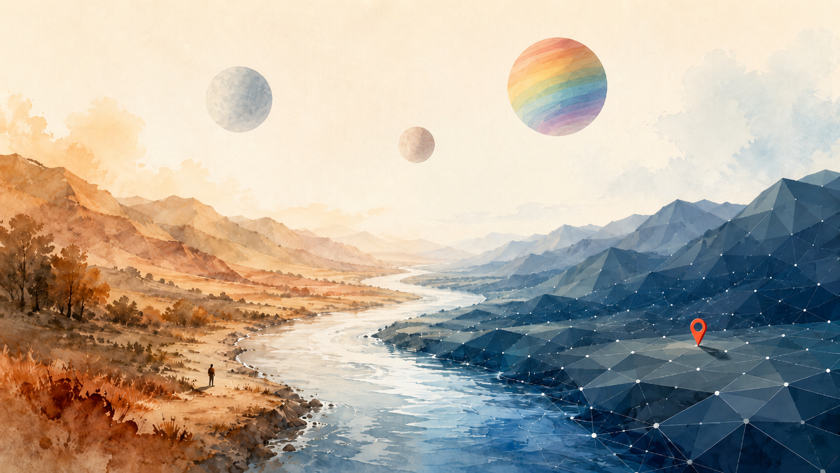A wide watercolor river valley split into two styles: a warm, hand-painted ochre-and-amber left bank with rolling hills, scattered trees, and a small lone human figure at the water's edge; and a cool navy-and-teal right side where the mountains are rendered as low-poly triangles linked by a grid of dots and lines, with a single bright orange map-marker pin set on the dry geometric ground a short way from the water. A river runs down the centre, joining the two halves. Three spheres hang in the pale sky, one of them striped in rainbow colours.