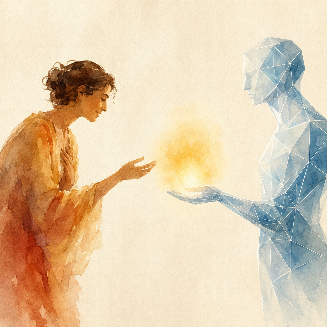 A warm watercolor human figure in ochre and amber leans toward a cool, translucent geometric figure that holds out a soft golden bloom of light, like a compliment offered in an open hand; the human reaches for it, pleased, while the glow's true shape stays faintly indistinct. An image of flattery offered across the AI × HI divide.