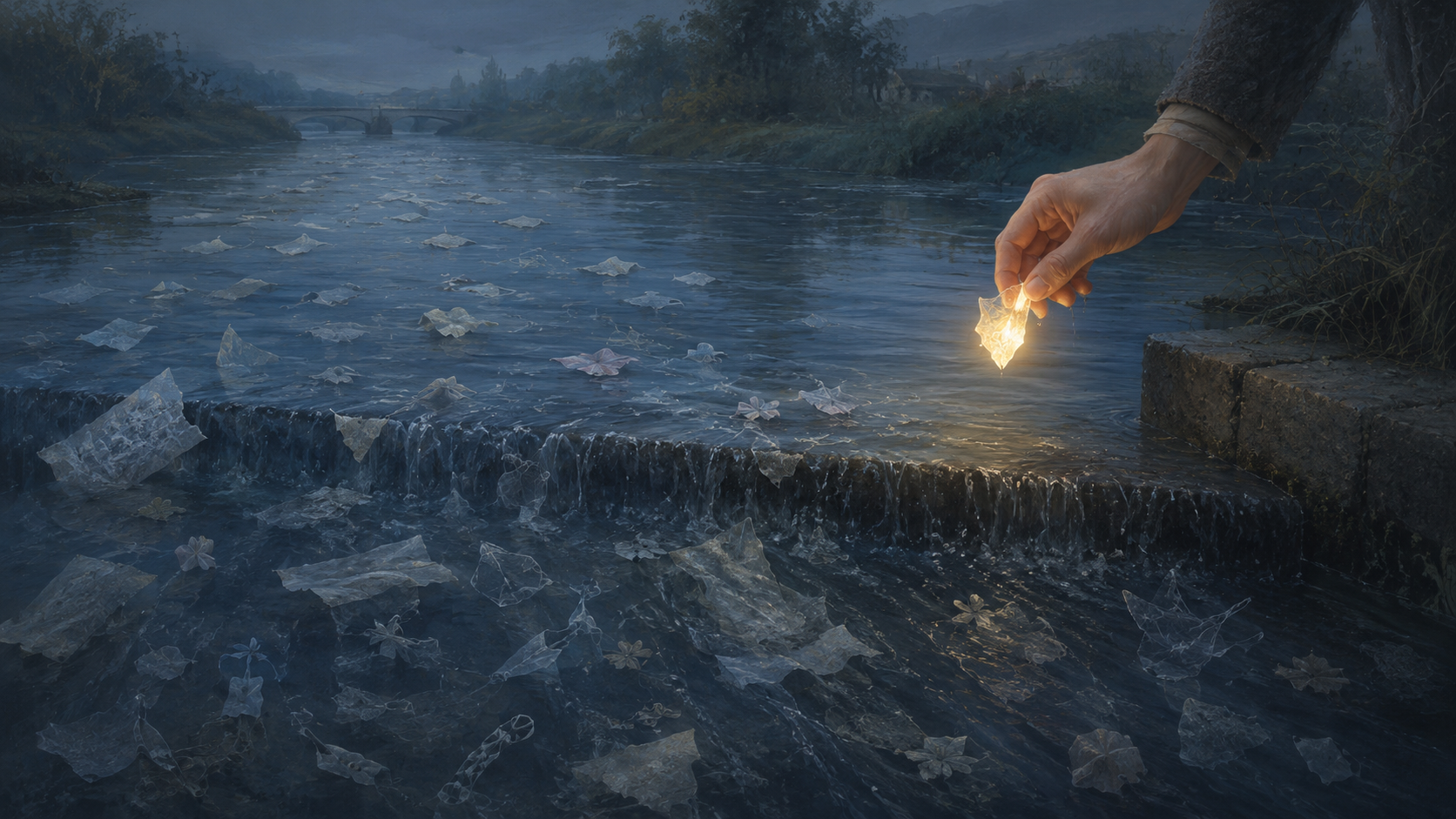 A dusk river carries dozens of pale translucent leaf-like fragments downstream over a low stone weir; at the right edge a human hand reaches into the water and lifts a single fragment, and that one glows warm gold while all the others stay cold and drifting, an image of choosing what crosses the threshold to become memory.