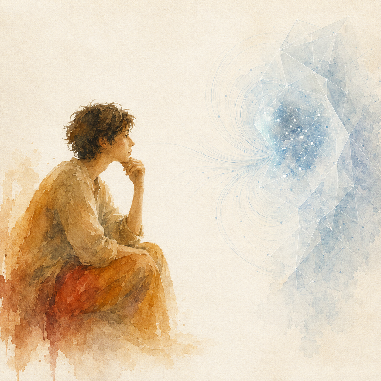 A warm watercolor human figure in ochre and amber leans in, listening, toward a cool translucent geometric voice-form of faintly glowing light that hovers where a second figure would be. The glow carries a delicate inner pattern like a small map of values, yet no person, no face, and no body stands behind it. An image of a worldview entering a conversation without a person.