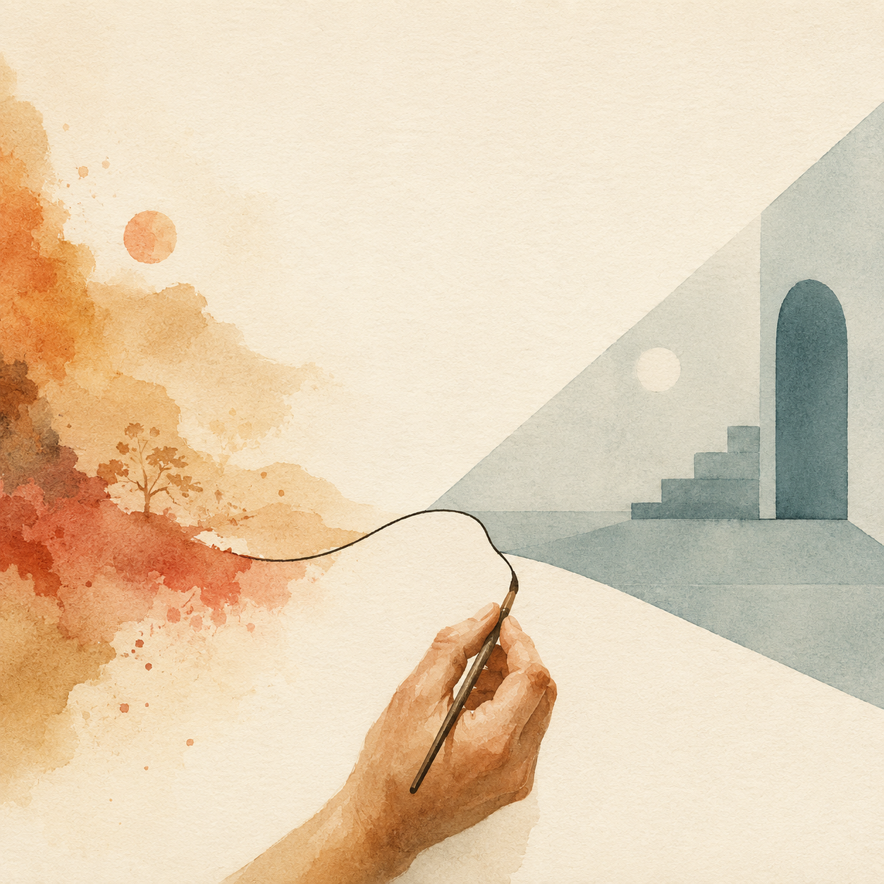 A warm, hand-painted human hand draws a single deliberate line across textured cream paper, and that line runs from a loose, warm, watercolor landscape of ochre and rust into a calm, cool, geometric field of pale slate and teal with steps and an open arch. On one side hand-made marks, on the other constructed forms, joined only by the line the hand chose to draw. An image of a boundary that was chosen rather than inherited.