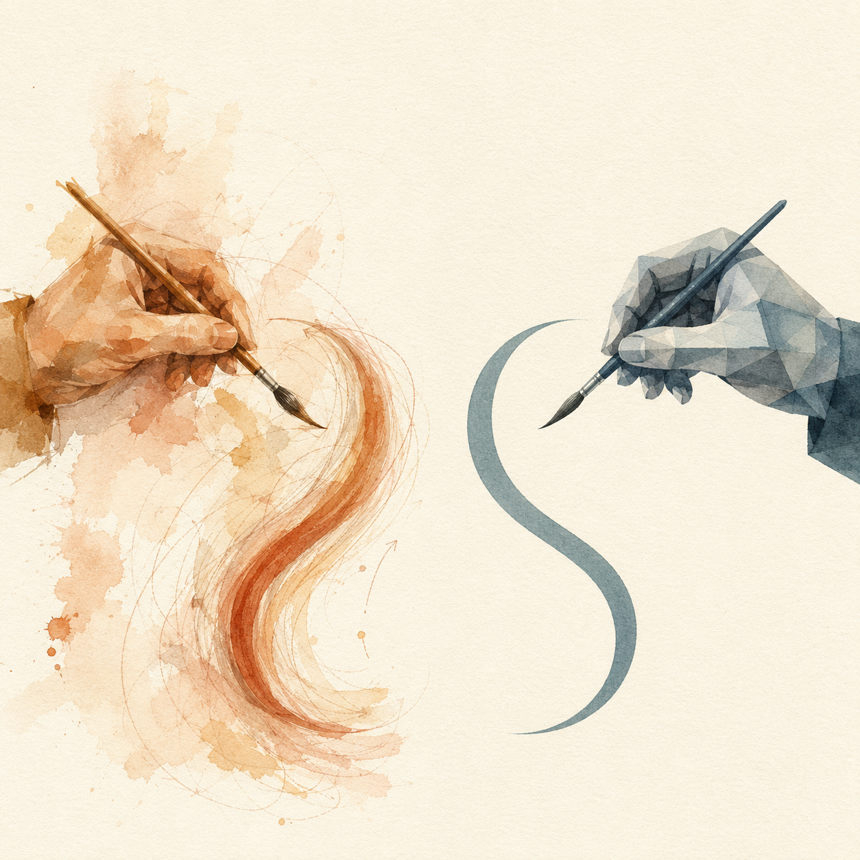 On textured cream paper, two hands each paint the same S-shaped curve. On the left a warm watercolor hand in ochre and terracotta works amid the evidence of its making: paint splatter, faint circling sketch arcs, and a swash built from many layered strokes. On the right a cool, faceted geometric hand in slate blue draws the same curve as one clean unbroken line on otherwise empty paper, with no working marks anywhere around it. The same shape arrives twice; only one of them carries a history.
