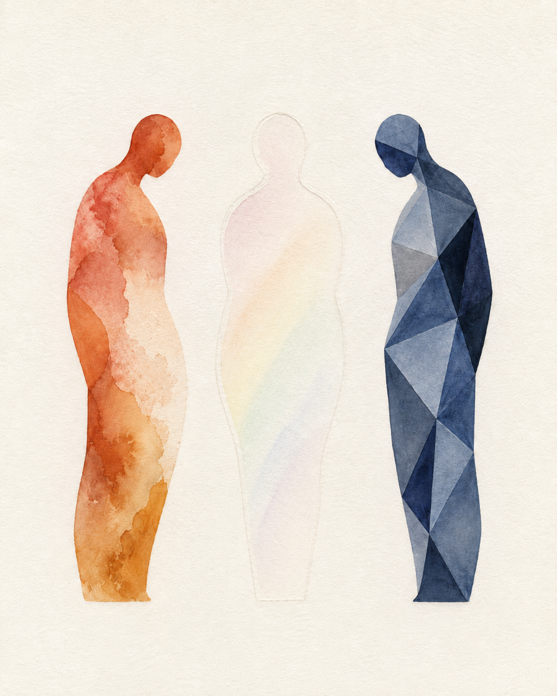 On warm off-white paper, three figures of equal height stand in a row. On the left, a human form painted in loose watercolour, terracotta and rust bleeding down into ochre, head bowed and turned inward. On the right, a figure built from flat triangular facets in navy and slate blue, head also bowed and turned inward. Between them stands a third figure the same size as the other two and left unpainted: a faint outline on bare paper, with a soft rainbow wash drifting diagonally through the empty space inside it. The two who are present are turned toward someone who was never filled in.