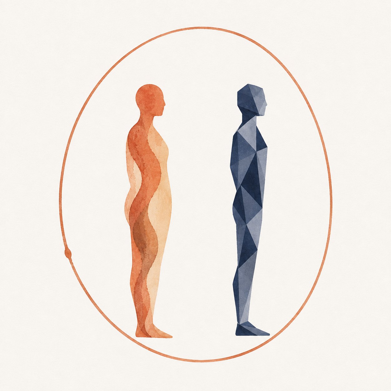 On warm off-white paper, two abstract standing figures of equal height face the same direction with a wide empty gap between them. The left figure is watercolour in terracotta and peach, a deeper serpentine band moving through it, its edges soft where the pigment bled. The right figure is built from flat triangular facets in navy, slate and pale blue. Neither has features beyond a suggested profile, and they never touch. A single thin terracotta line loops around both of them in one unbroken ellipse, closing at a small visible bead on the left. The line that contains them both is drawn in the human's colour.