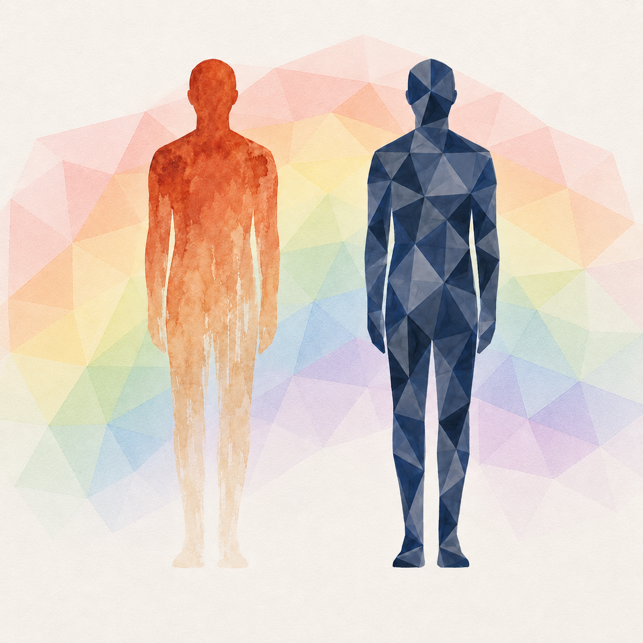 Two faceless figures of the same height stand on the same baseline, a wide gap between them. The left one is watercolour, deep terracotta at the head and shoulders, fading down the body until the legs and feet are almost bare paper. The right one is navy and slate triangular facets at the same density from head to foot, not fading anywhere. A pale rainbow of the same facets arcs across the frame behind both.