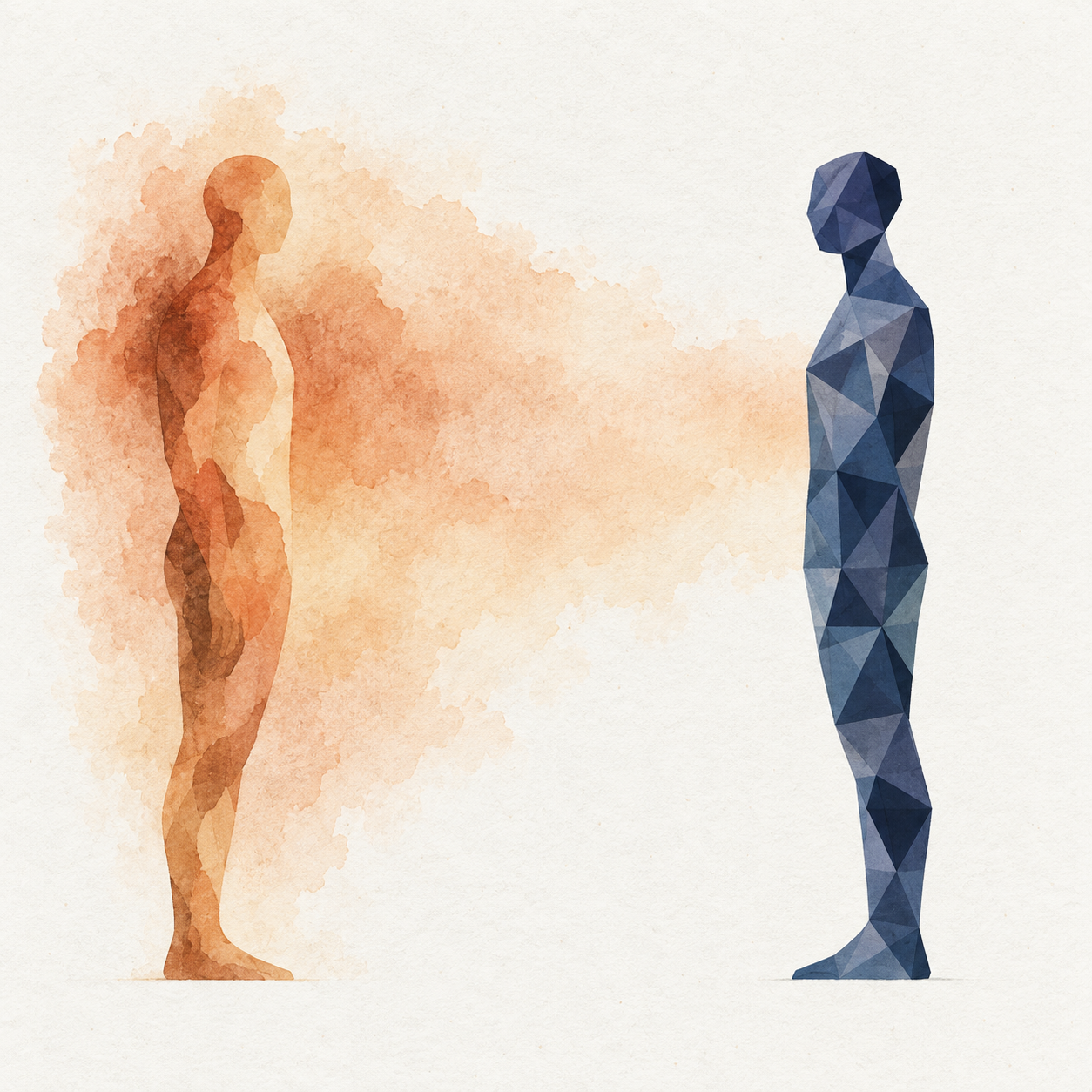 On warm off-white paper, two faceless figures of nearly the same height stand in profile facing each other across a wide gap. The left one is watercolor in terracotta, sienna and peach, and a large uneven wash of the same warm colors spreads out of it into the paper, densest around the head and shoulders and drifting rightward at chest height until it thins to nothing just short of the other figure. The right one is built from triangular facets in navy, slate and pale blue at the same density from head to foot, and the paper around it is clean, with no wash of its own.